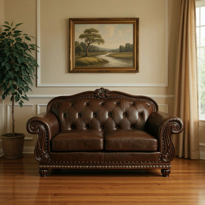 Faux Leather Nailhead Love Seat - Espresso / Black