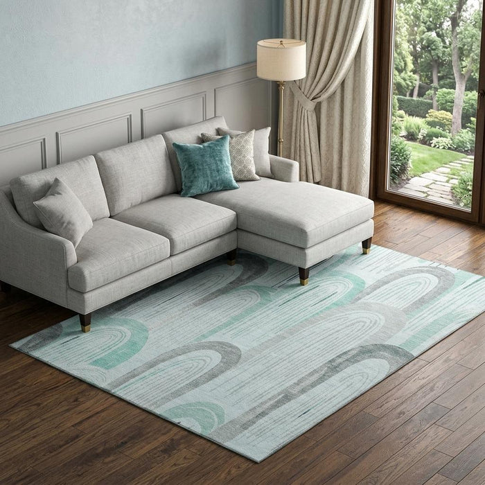 10' X 14' Geometric Washable Area Rug With UV Protection (694622) - Pale Aqua / Gray / Silver
