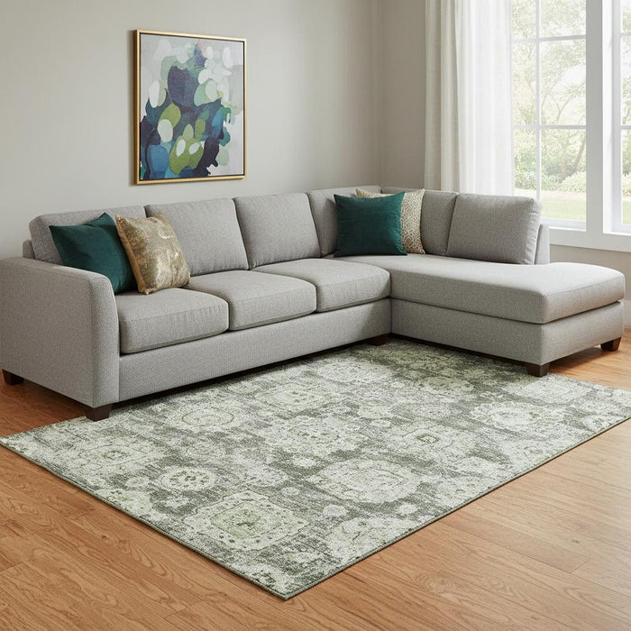 9' X 12' Floral Washable Area Rug With UV Protection (653175) - Artichoke Green / Ivory / Gray