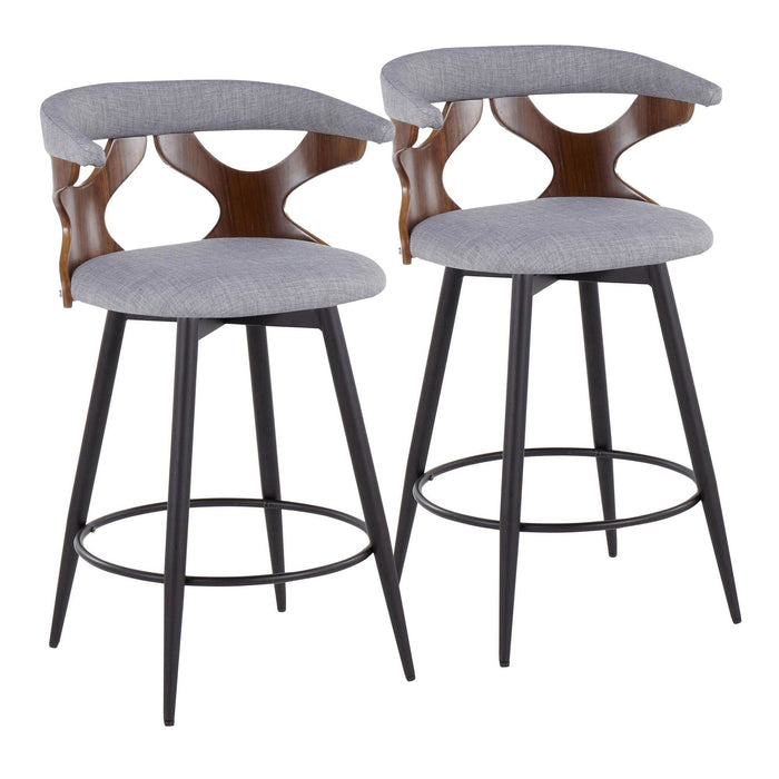 Gardenia - 25" Fixed-Height Counter Stool With Swivel And Rounded Black Metal Footrest (Set of 2) - Black Metal, Walnut Wood