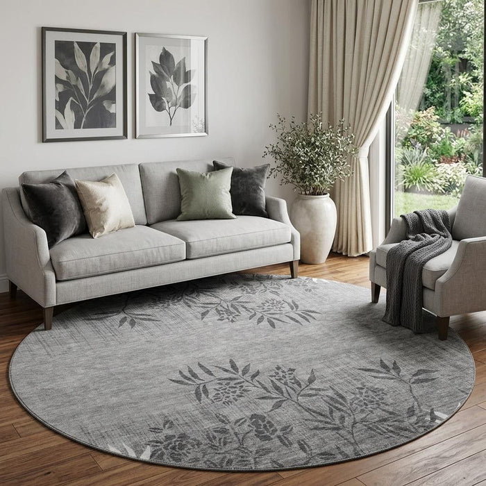 8' Floral Washable Round Rug With UV Protection (655665) - Pewter / Ivory