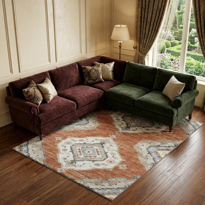 8' X 10' Tribal Distressed Washable Area Rug With UV Protection (644184) - Terra Cotta / Ivory / Blue