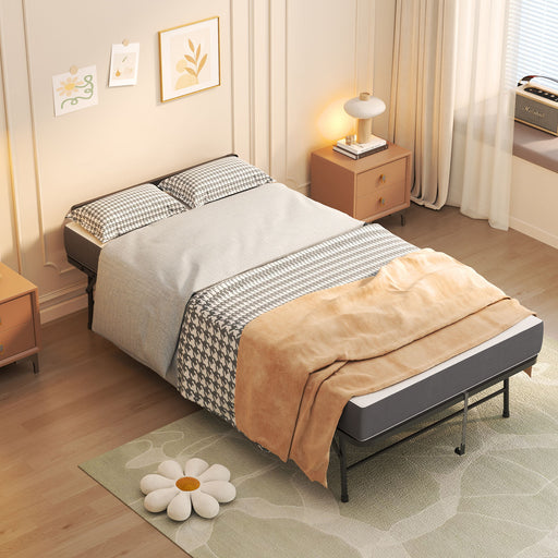Giga black twin folding rollaway bed with adjustable headboard, memory foam mattress, on wheels for easy transport and storage.