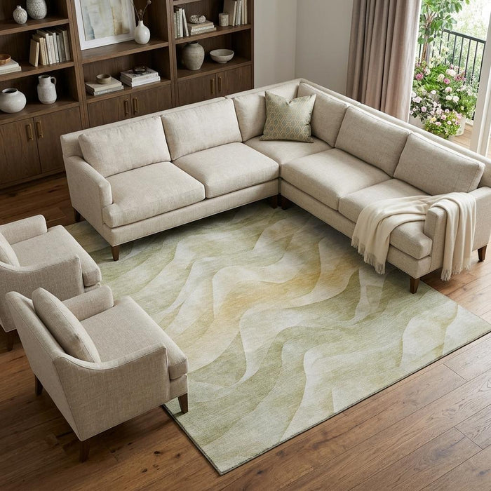 10' X 14' Abstract Washable Area Rug With UV Protection (694803) - Artichoke Green / Ivory / Beige