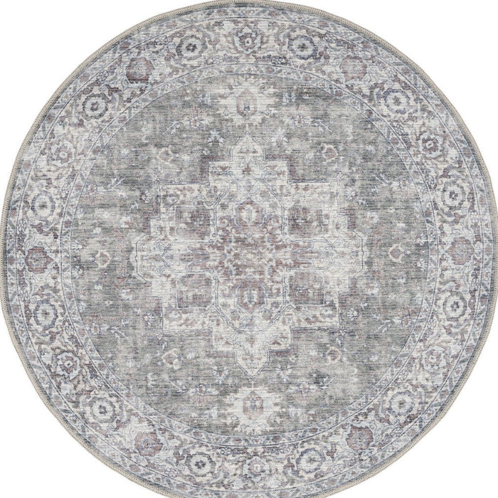 8' Floral Power Loom Worn Faded Round Rug (573548) - Gray