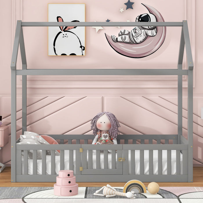 Giga wood house platform bed with fence and door, featuring a cozy, natural wood finish for a child's bedroom.