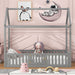 Giga wood house platform bed with fence and door, featuring a cozy, natural wood finish for a child's bedroom.