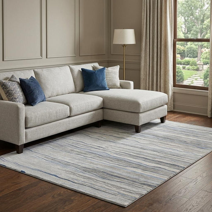 10' X 14' Striped Washable Area Rug With UV Protection (678377) - Gray / Blue / Ivory