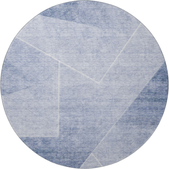 8' Geometric Washable Round Rug With UV Protection - Ivory And Blue