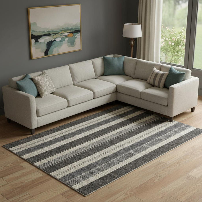 10' X 14' Striped Washable Area Rug With UV Protection (709264) - Black / Ivory / Gray