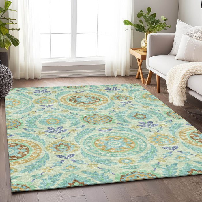 9' X 12' Floral Washable Area Rug With UV Protection - Mint Green