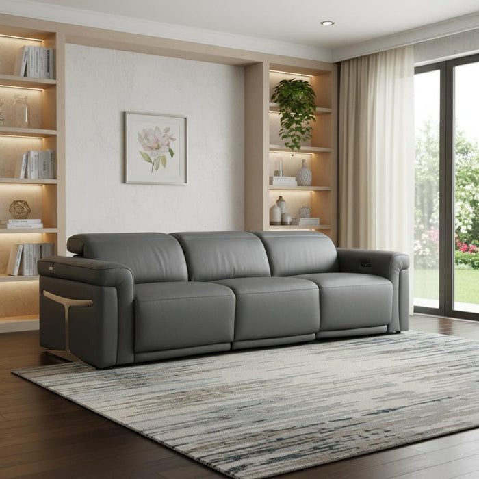 Top Grain Leather Reclining Metal USB Sofa (720430) - Dark Gray