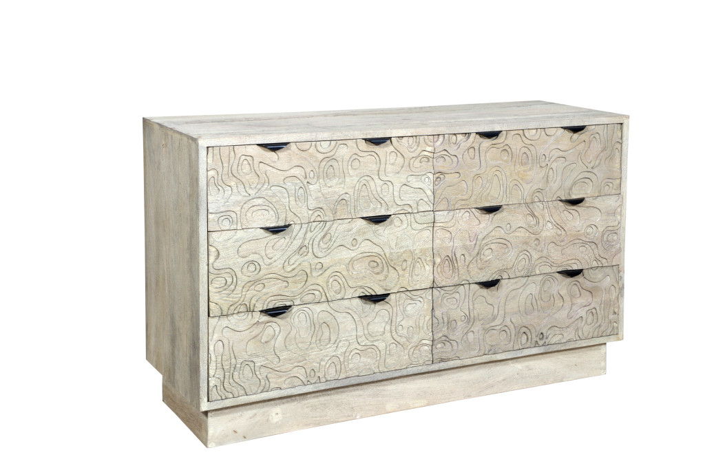 57" Carved Geometric Solid Wood Six Drawer Dresser - White