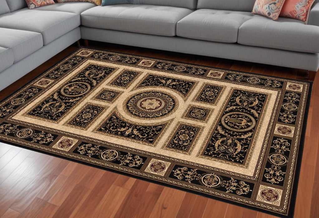 7.8' x 10.7' Oriental Power Loom Area Rug - Beige And Black