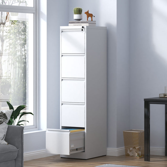 Giga steel vertical filing cabinet with lock, suitable for A4, legal, and letter-sized documents, featuring multiple drawers.