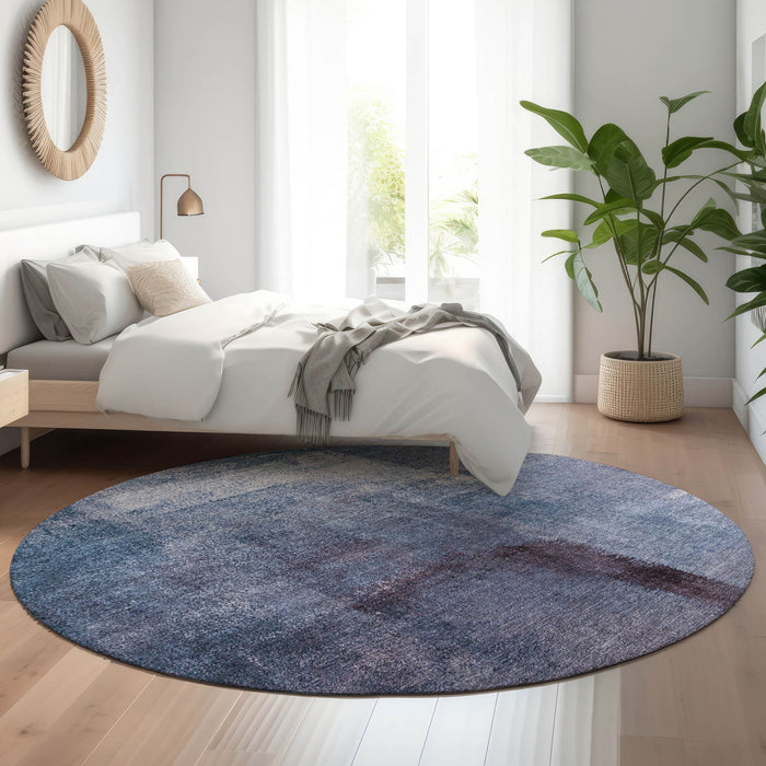8' Transitional Abstract Washable Polyester Round Rug With UV Protection - Navy Blue And Ivory
