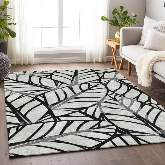 9' X 12' Floral Washable Area Rug With UV Protection - Black And Beige