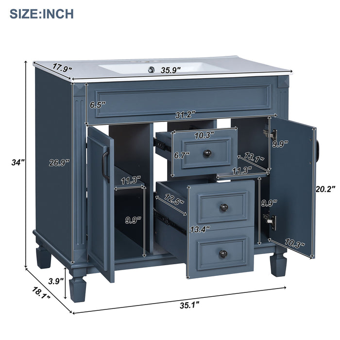 Blue Giga 36-inch bathroom vanity with sink, basin on cabinet, soft-close doors, and two drawers.