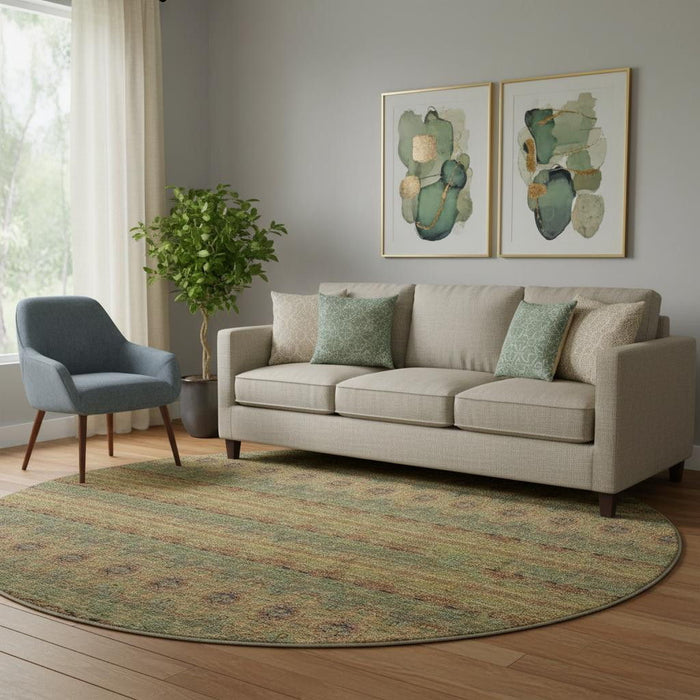8' Floral Medallion Washable Round Rug With UV Protection (651319) - Green / Copper