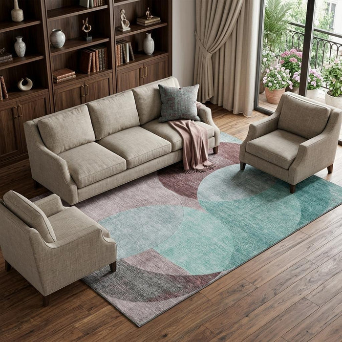 10' X 14' Geometric Washable Area Rug With UV Protection (686306) - Teal / Mauve / Blush