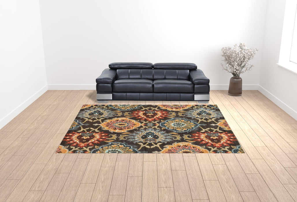 10' x 13' Floral Power Loom Stain Resistant Area Rug - Brown Gray Rust Red Gold Teal And Blue Green