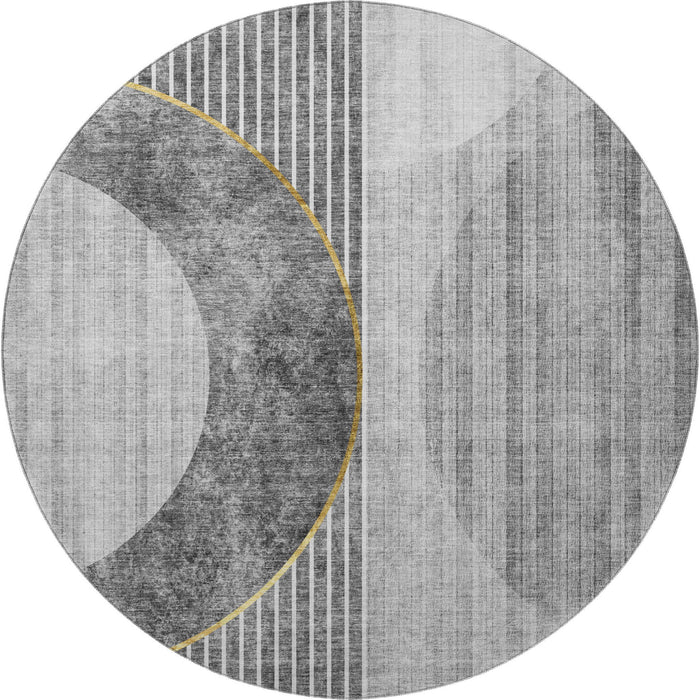 8' Geometric Washable Round Rug With UV Protection (655737) - Charcoal / Gold / Silver