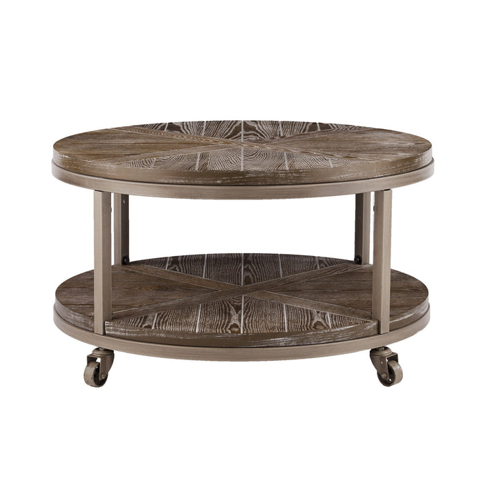 Wood With Iron Round Distressed Coffee Table - Brown