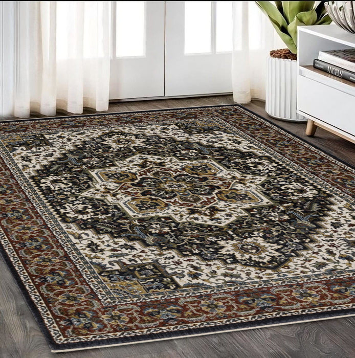 5' X 8' Traditional Medallion Area Rug With Fringe - Navy Blue