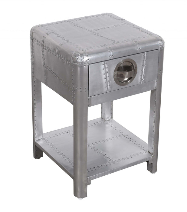 Aluminum Square End Table With Drawer And Shelf - Silver