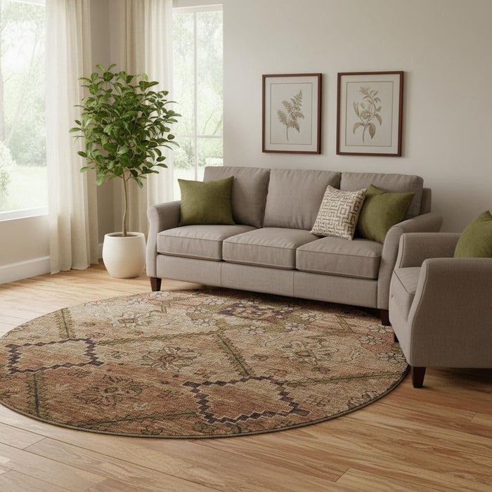 8' Floral Washable Round Rug With UV Protection (667255) - Rust / Copper