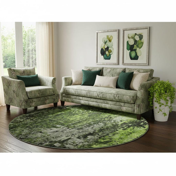 8' Abstract Washable Round Rug With UV Protection (650251) - Green / Gray