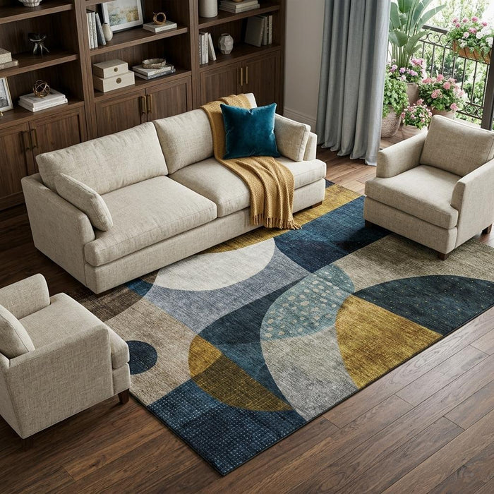 10' X 14' Abstract Geometric Washable Area Rug With UV Protection (685270) - Blue / Gold / Beige