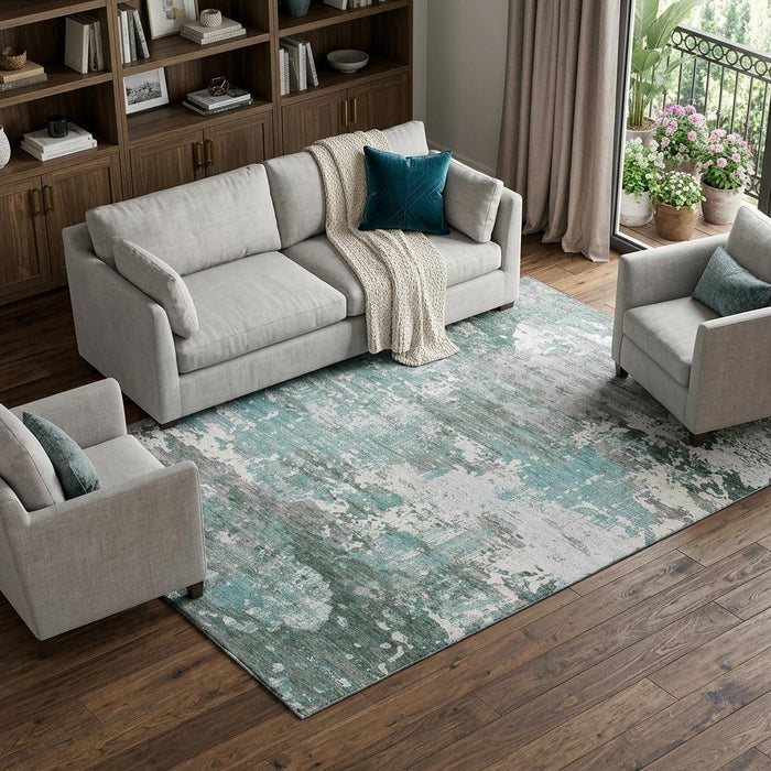 10' X 14' Abstract Washable Area Rug With UV Protection (693438) - Pale Aqua / Ivory / Gray