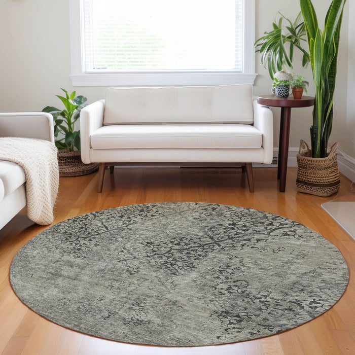 8' Khaki Abstract Washable Round Rug With UV Protection - Taupe