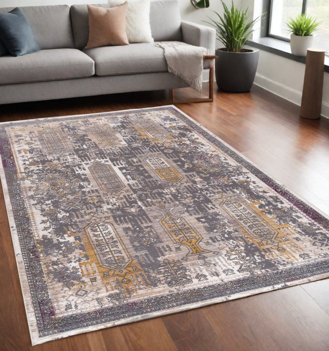 7.8' x 10.8' Oriental Power Loom Area Rug - Gray And Ivory
