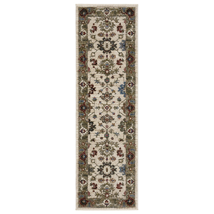 8' Oriental Runner Rug With Fringe (575634) - Ivory / Green / Red