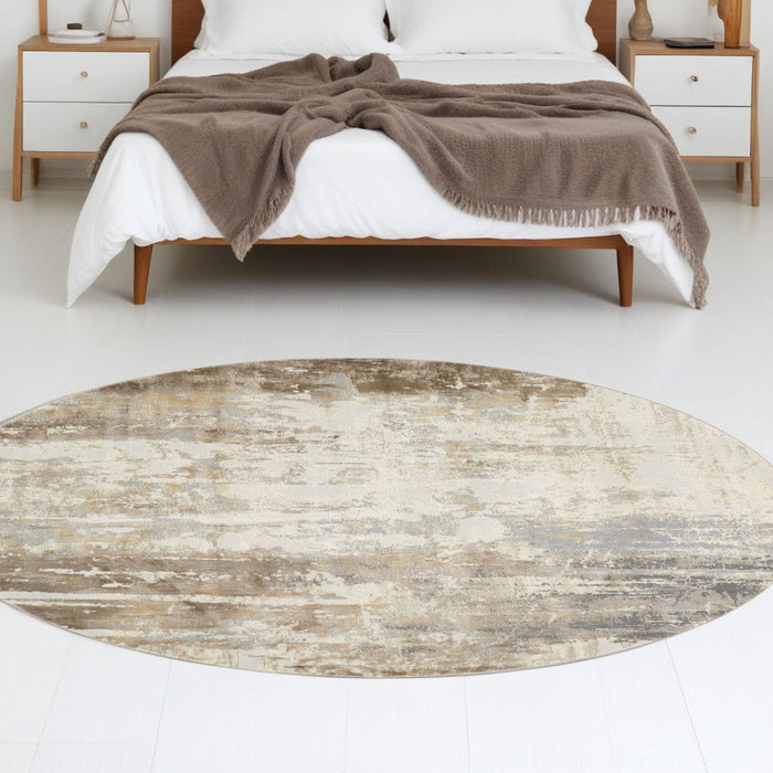8' Round Abstract Area Rug - Tan Ivory And Gray