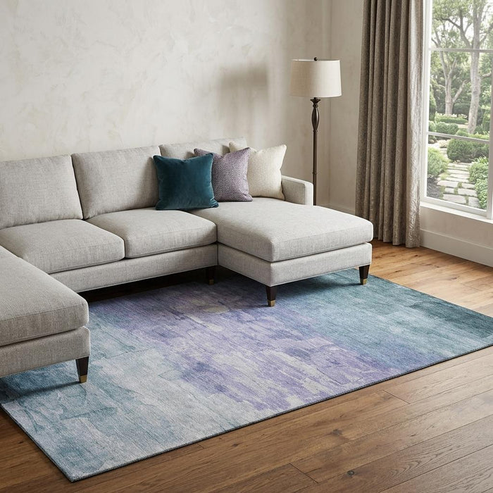 10' X 14' Striped Washable Area Rug With UV Protection (693858) - Denim Blue / Lavender / Sky Blue