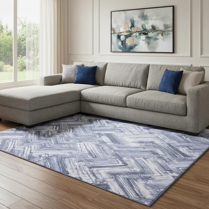 10' X 14' Chevron Washable Area Rug With UV Protection (652887) - Blue / Ivory
