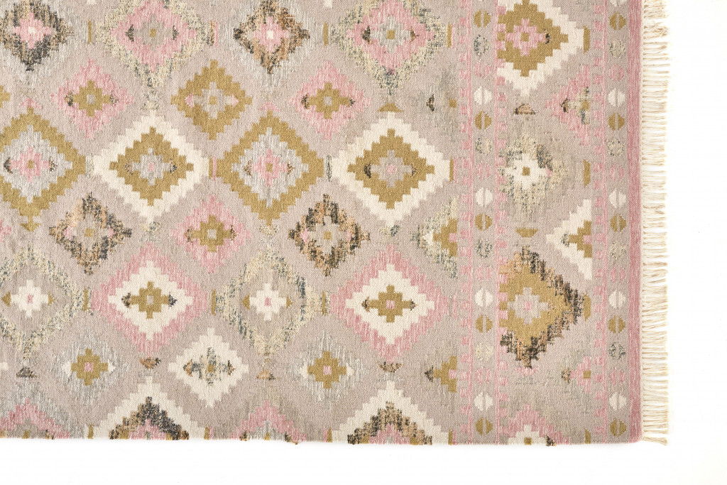 10' x 14' Wool Geometric Dhurrie Flatweave Handmade Area Rug With Fringe - Pink Gold And Taupe