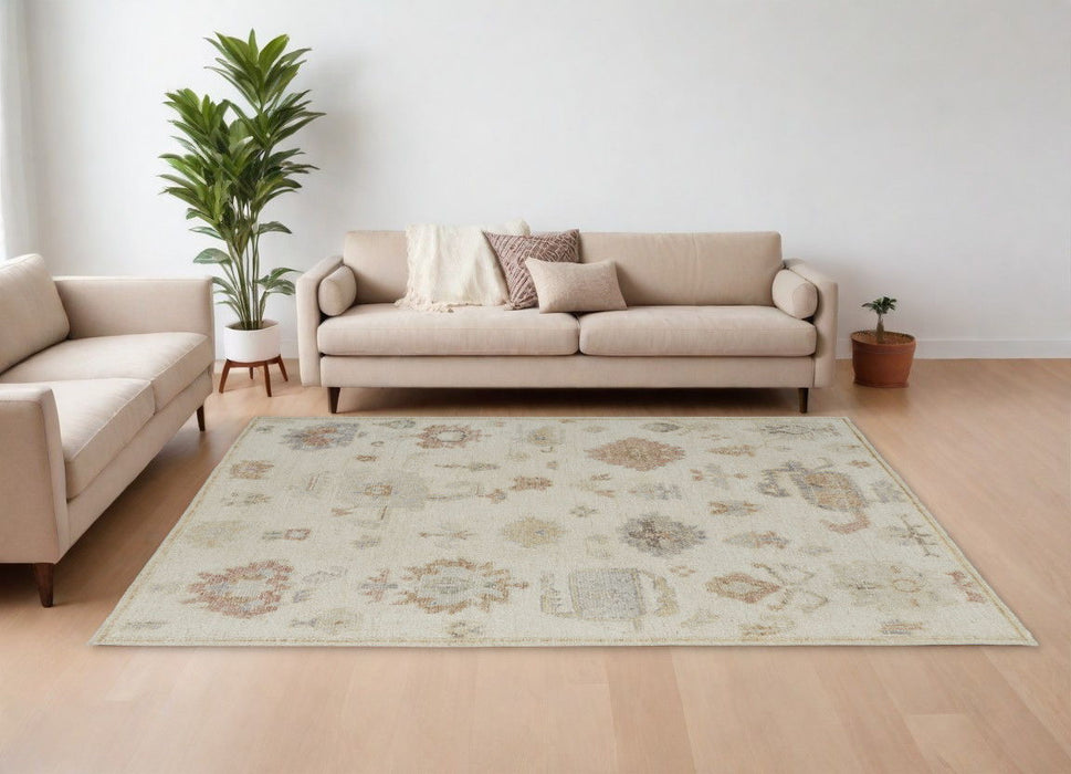 8' x 10' Wool Floral Hand Knotted Area Rug - Ivory Tan And Gray