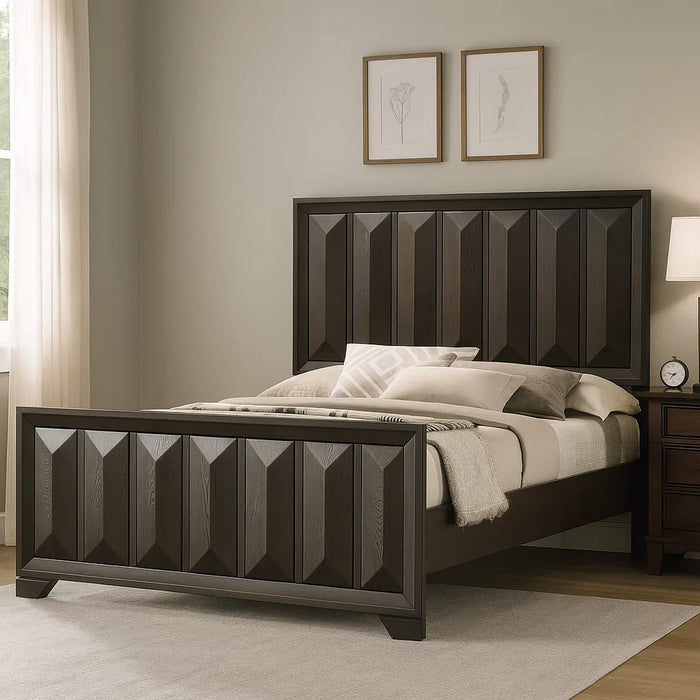 Giga 3-piece bedroom set with faceted panel bed and two matching nightstands, featuring modern design and sleek finishes.