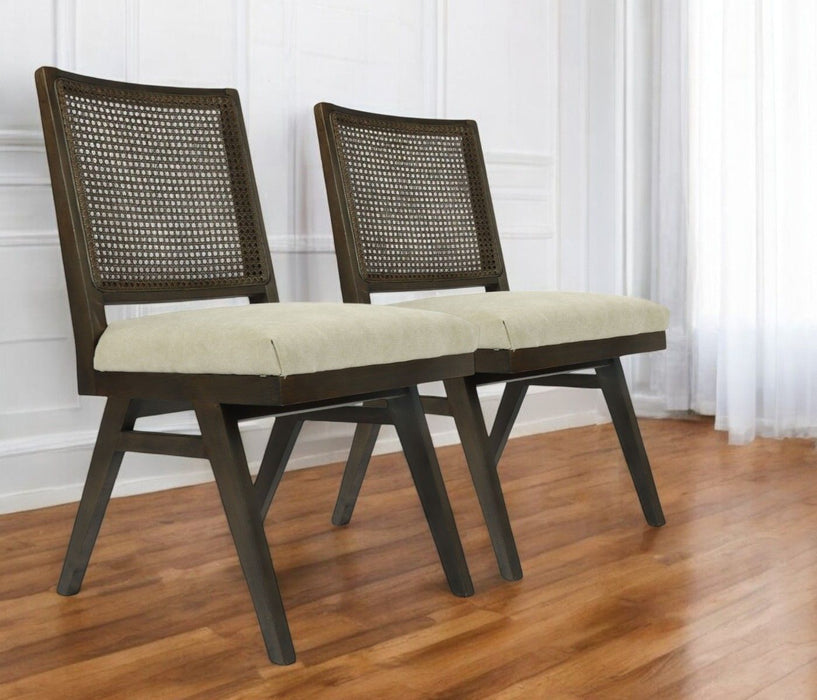 Wood Cane Upholstery Dining Side Chairs (Set of 2) - Brown / Gray
