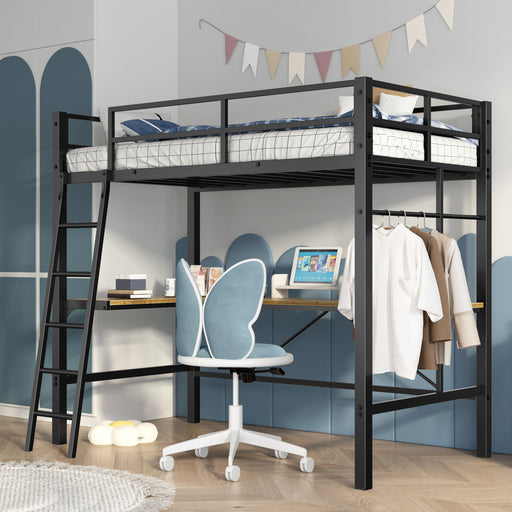Black Giga twin metal loft bed with L-shaped desk, safety guard, ladder, and built-in charging station, no box spring needed.
