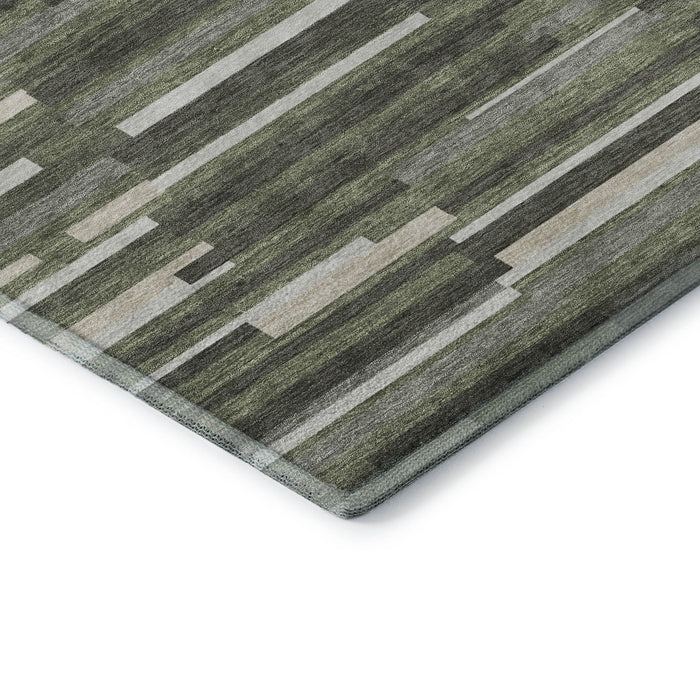 10' X 14' Striped Washable Area Rug With UV Protection (671078) - Olive Green / Ivory / Gray