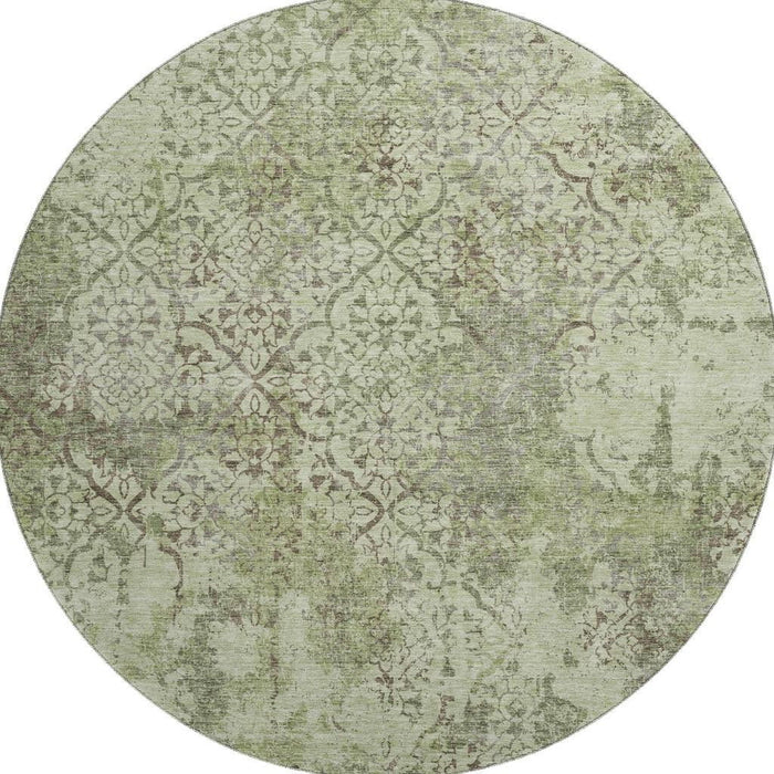 8' Abstract Washable Round Rug With UV Protection - Artichoke Green And Taupe