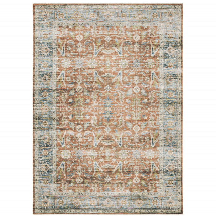 7' x 10' Oriental Printed Stain Resistant Non Skid Area Rug - Rust Blue Ivory And Gold