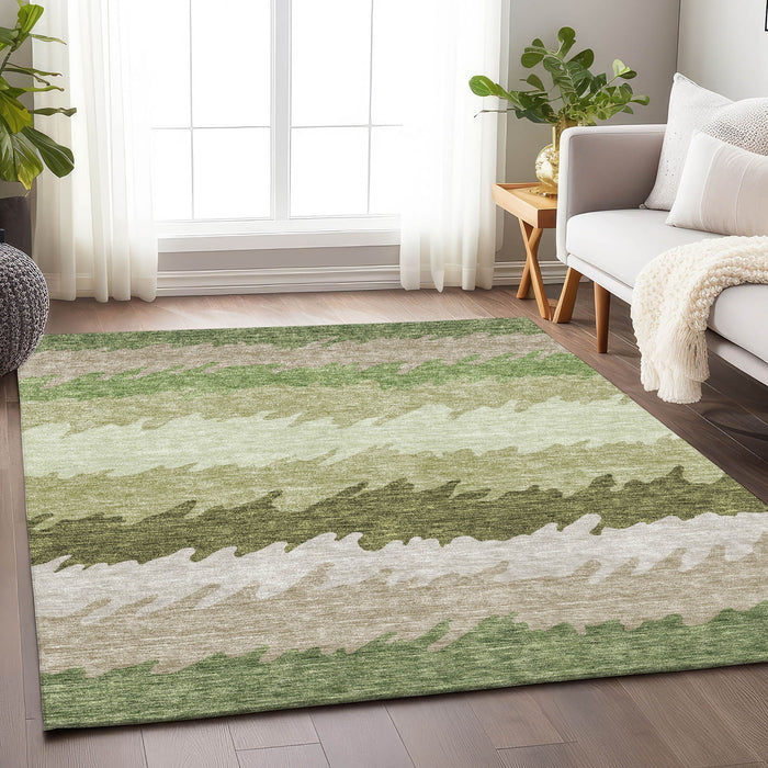 9' X 12' Striped Washable Area Rug With UV Protection - Green And Beige
