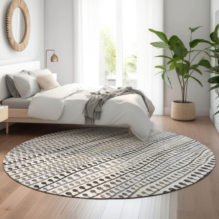 8' Striped Washable Round Rug With UV Protection - Ivory