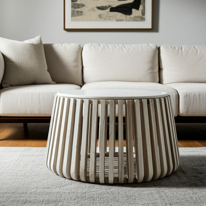 34" Genuine Marble And Wood Round Drum Coffee Table - White And Natural